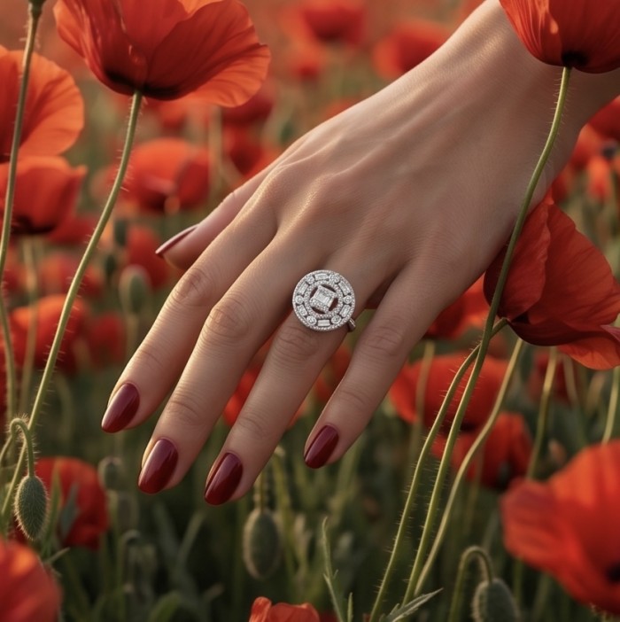 Art Deco 6.5 carat White Topaz .925 Sterling Silver ring size 8 - Hand wearing Art Deco white topaz ring in poppy field, top view.
