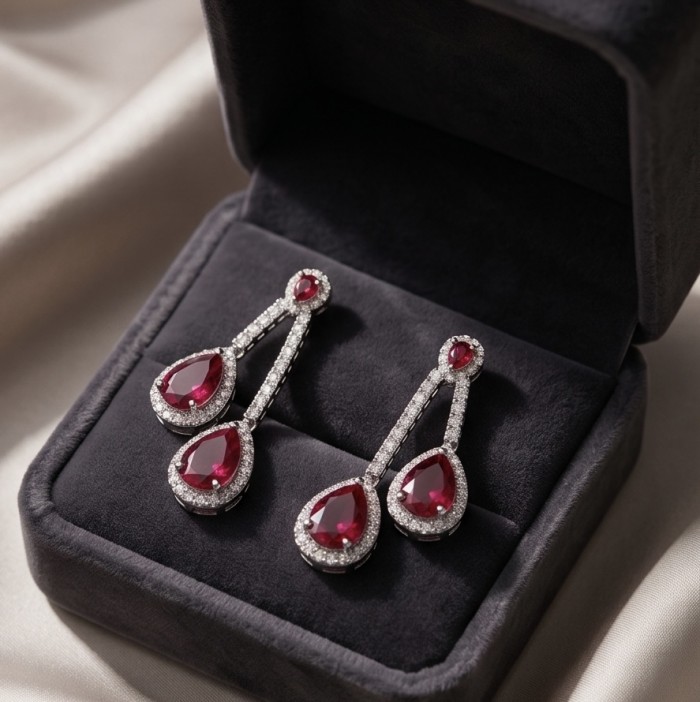 Royalty 8.2 carat Ruby .925 Sterling Silver .925 Sterling Silver Statement earrings - Elegant ruby earrings in box, front view highlighting stones and setting.