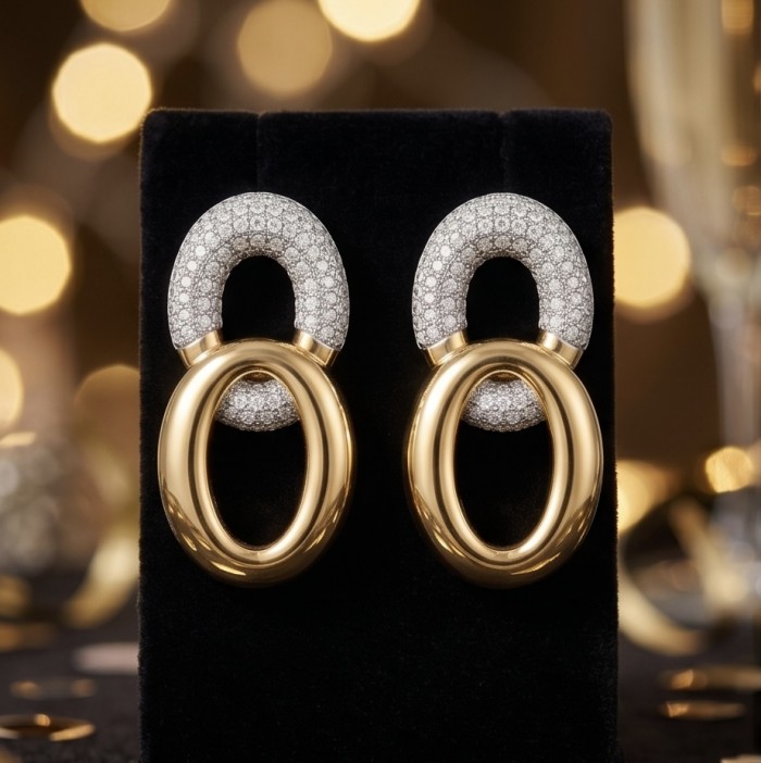 TIFFANY - LUXURIUS - Natural pave White Topaz 14K Gold over .925 Sterling Silver handmade earrings - Front view of TIFFANY earrings with pave white topaz and 14K gold.