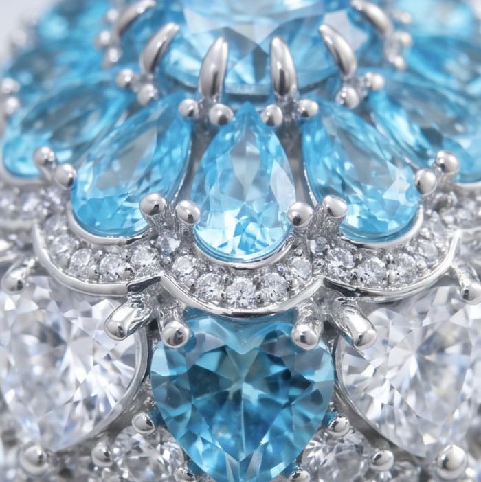 Blue Cascade Natural 14.8 carat Swiss Blue Topaz .925 Sterling Silver dipped in rhodium handmade Large Statement Ring size 7 1/4 - Blue Cascade Swiss Blue Topaz close-up, showcasing intricate details