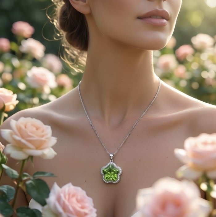 Green Clover 6.8 carat authentic Brazilian Peridot .925 Sterling Silver Handcrafted Statement pendant - Woman wearing Green Clover Peridot necklace in a rose garden.