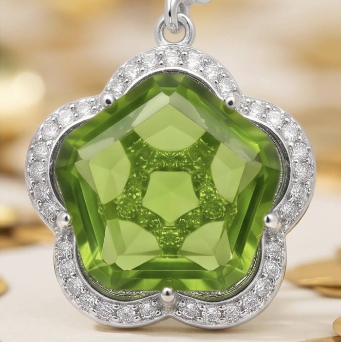 Green Clover 10.9 carat authentic Brazilian Peridot .925 Sterling Silver Handcrafted Statement Earrings - Close-up of green clover-shaped Brazilian peridot pendant.