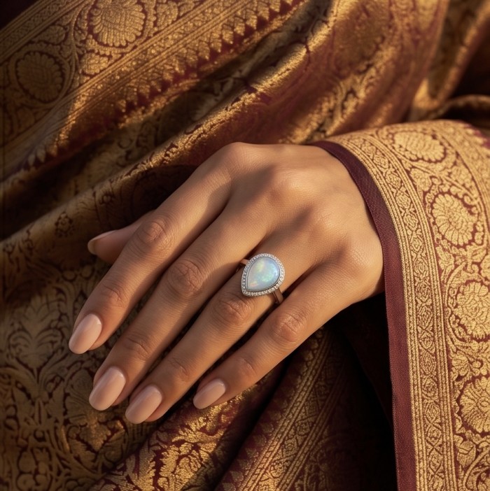 Endless Ocean Genuine 17.5 carat doublet Australian Opal .925 Sterling Silver handmade Ring size 8 - Opal ring on hand with detailed fabric background.