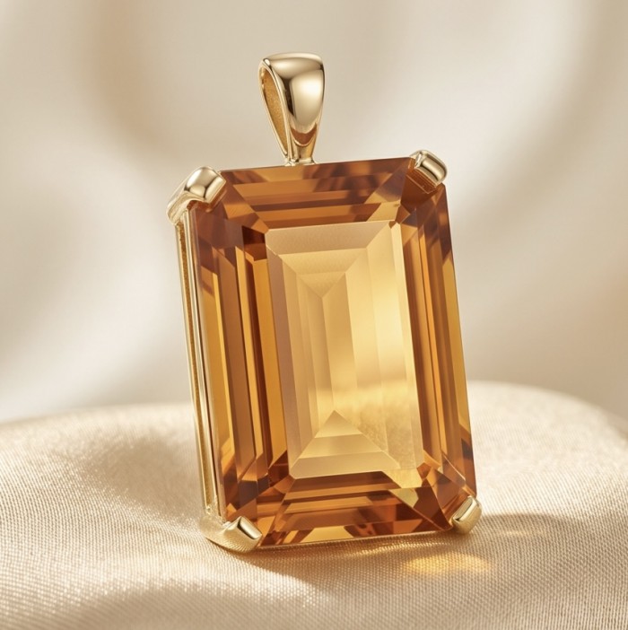 Luxury genuine 25.7 CARAT baquette cut Champagne Topaz .925 Sterling Silver dipped in 18K Gold handmade Pendant - Close-up of luxury 25.7 carat baguette cut Champagne Topaz pendant