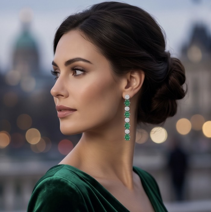Art Deco 2.5 carat Emerald .925 Sterling Silver handcrafted earrings - Side view of Art Deco emerald earrings worn on model.