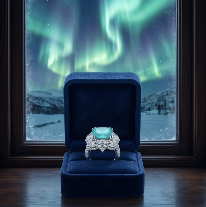 Elizabeth princess cut 14.8 carat Colombian Emerald 15.3 carat Moissanite .925 Sterling Silver dipped in Rhodium handcrafted Ring size 7 - Emerald ring in box, Northern Lights background, front view.