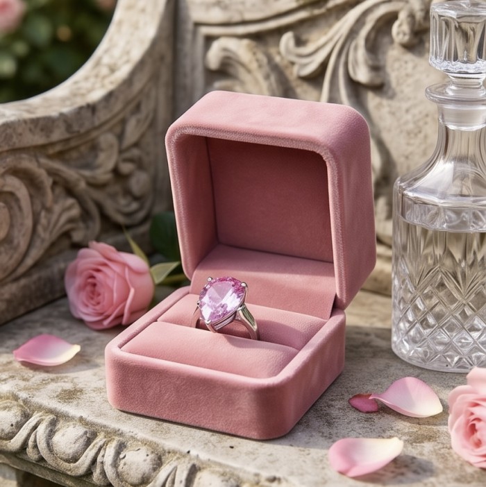 Tiffany - authentic pear cut 14.5 carat Pink Sapphire .925 Sterling Silver Handcrafted Statement Ring size 9 - Pink sapphire ring in pink box with rose petals and crystal bottle