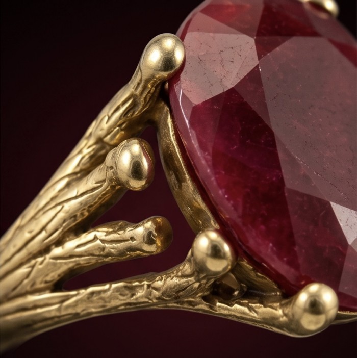 Bella Rosa Genuine 18.5 CARAT Ruby 14k Gold over .925 Sterling Silver Statement Ring size 7 - Close-up of Bella Rosa 18.5 carat ruby in 14k gold on sterling silver.