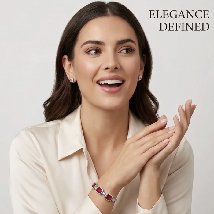 Art Deco - Crimson Royalty 10.2 carat Ruby .925 Sterling Silver .925 Sterling Silver Statement Bracelet - Model wearing ruby bracelet and earrings, elegance defined banner