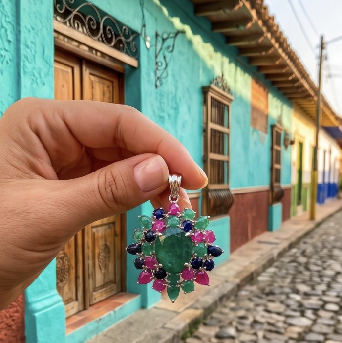 Tiffany - Authentic 8.5 carat Peridot Tsavorite Garnet 18K Gold over .925 Sterling Silver handmade Statement Pendant - Close-up of colorful pendant held in front of vibrant buildings
