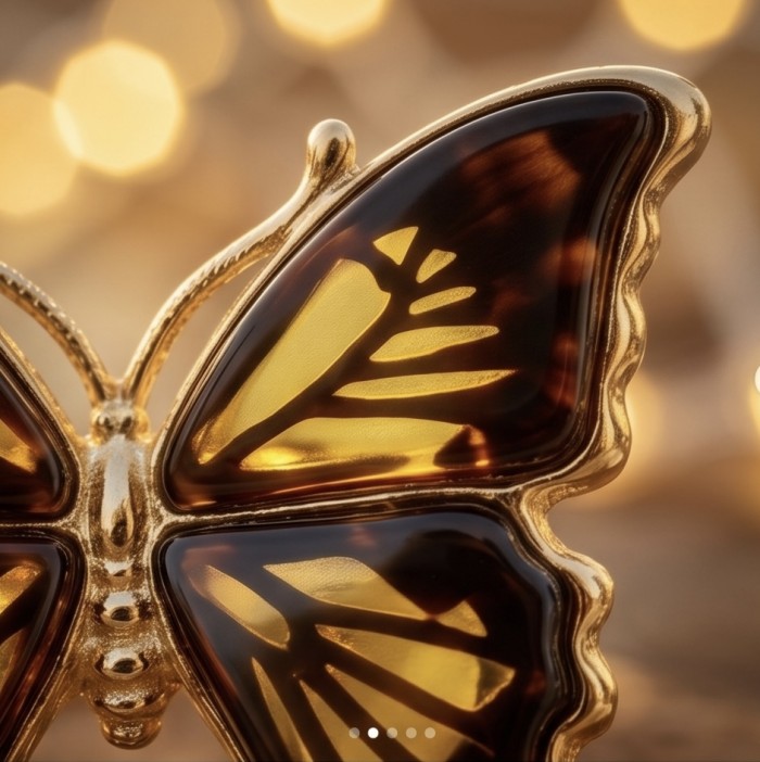 Butterfly Authentic Baltic Amber .925 Sterling Silver dipped in 18K Gold handcrafted ring; s. 7 adjustable - Close-up of butterfly Baltic amber jewelry against blurred lights背景