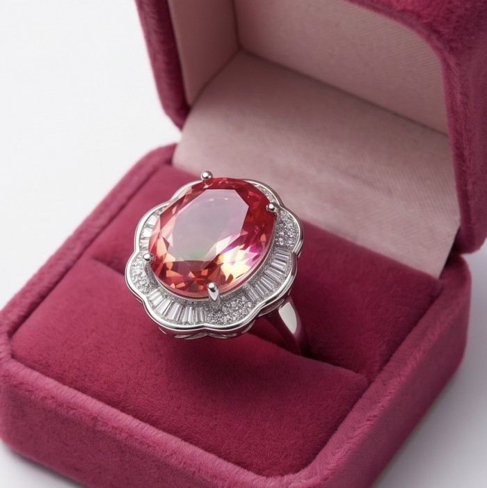 Carolyn 15.8 carat Brazilian Tourmaline .925 Sterling Silver Perfectly handcrafted Ring s. 7 1/2 - Close-up of Carolyn 15.8 carat Brazilian Tourmaline ring in box.