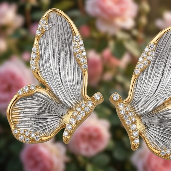 Golden Butterfly White Topaz highly polished 18K Gold over .925 Sterling Silver Italy made Earrings - Close-up of golden butterfly earrings with white topaz accents.