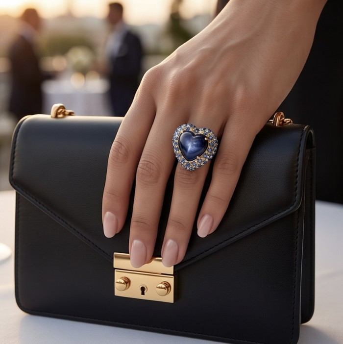 Blue Angel Heart Iconic design Genuine 20.5 carat Sapphire .925 Sterling Silver dipped in 22K Gold handcrafted Ring size 6 - Close-up of Blue Angel Heart ring worn on hand with black purse.