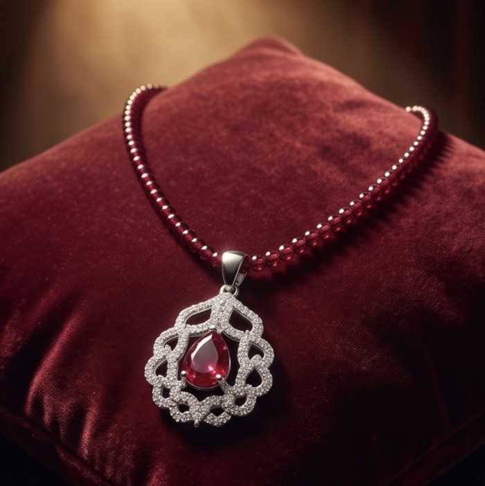 Serafina - Magnificent Jewel 4.8 carat Ruby .925 Sterling Silver handcrafted incredible Statement Necklace - Ornate ruby necklace on a cushion, showing a pearl-shaped pendant detail.
