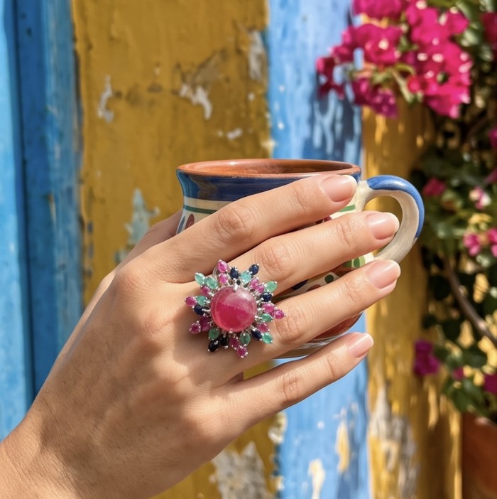 Giovanna Natural 8.6 carat Ruby pave Emerald .925 Sterling Silver dipped rhodium handmade Statement Ring size 8 - Ruby and emerald ring worn on hand holding a decorative cup