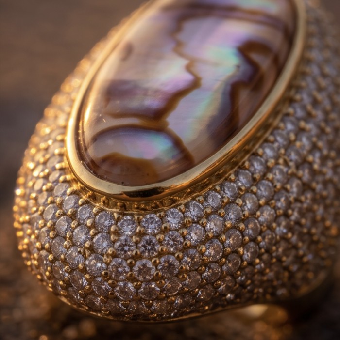 Large Genuine Rainbow Abalone lab. grown Diamond 18K Gold over .925 Sterling Silver handcrafted Large ring; s. 7 - Close-up of rainbow abalone stone with diamonds in 18K gold setting