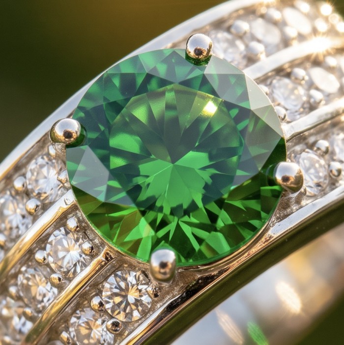 Natural 7.4 carat Tsavorite Garnet .925 Sterling Silver handmade Statement Ring size 7 1/4 - Close-up of natural 7.4 carat Tsavorite Garnet in .925 Sterling Silver ring