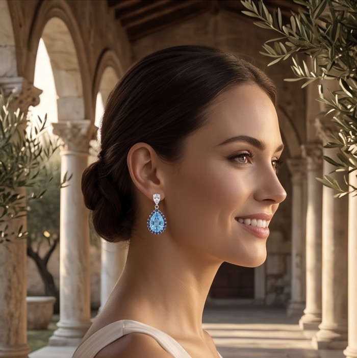 Atlantica 10.7 carat Swiss Blue Topaz .925 Sterling Silver dipped in Rhodium Handcrafted Statement earrings - Side view of blue topaz earrings worn, featuring elegant design