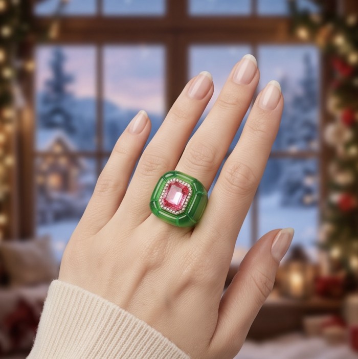 Candy Store - Modern Design Natural Green Raisin Pink Topaz .925 Sterling Silver ring size 8 - Green ring with pink topaz, worn on hand, winter scene background.