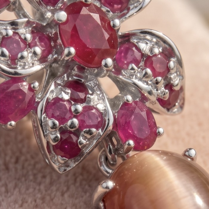 Isabella - Beauty of Nature - natural 27.5 carat yellow Sapphire Ruby Rhodium over .925 Sterling Silver handmade Statement earrings - Close-up of Isabella jewelry with red gemstones and yellow sapphire.