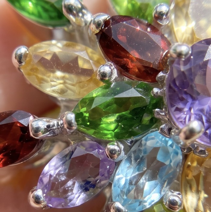 Divine Protection 15.8 carat Precious Amethyst .925 Sterling Silver dipped in rhodium handcarfted Pendant - Stone close-up of multi-colored gem cluster in sterling silver setting.