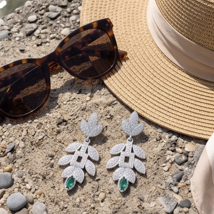 Precious 2.2 carat natural Colombian Emerald rhodium over .925 Sterling Silver earrings - Earrings with emeralds on sand with sunglasses and straw hat.