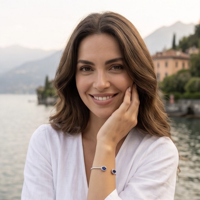 Romantica Precious Natural 4.2 carat White Topaz .925 Sterling Silver bracelet - Woman wearing Romantica White Topaz bracelet by a scenic water view.