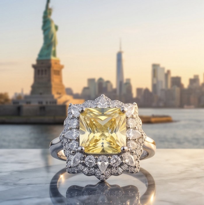 Luxurious asscher cut 5.9 carat Yellow Sapphire .925 Sterling Silver handcrafted Ring s. 6 - Yellow sapphire ring close-up with Statue of Liberty in the background.
