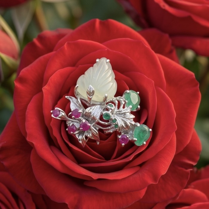 RARE BEAUTY! Valentina 28.2 carat CARVED Green Amethyst .925 Sterling Silver dipped in rhodium Statement handcrafted ring size 9 1/4 - Jewelry on a red rose, showcasing carved green amethyst and gem details.