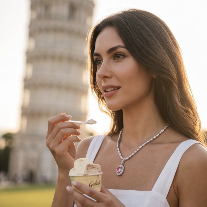 Isabella - delicate 6.7 carat Bubblegum Pink Sapphire .925 Sterling Silver handcrafted Statement Necklace - Woman wearing Isabella necklace with pink sapphire, Leaning Tower backdrop