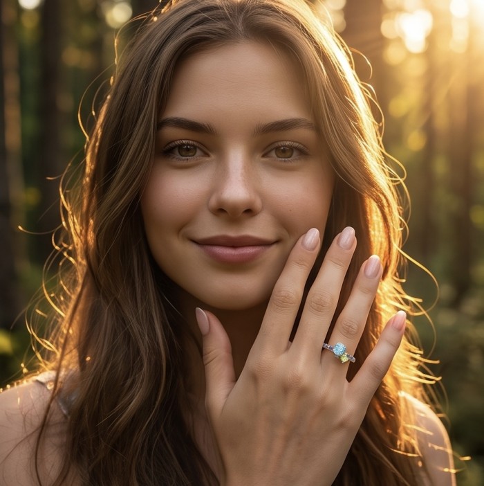 Pacifica 1.8 carat Swiss Blue Topaz .925 Sterling Silver handcrafted ring size 7 - Model wearing Pacifica 1.8ct Swiss Blue Topaz ring in sunlight close-up