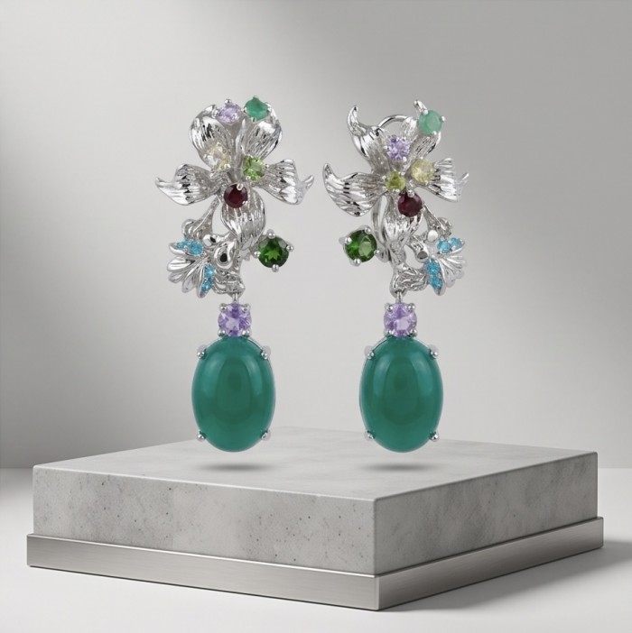 Enchanted Beauty 19.5 carat authentic Jade rhodium over .925 Sterling Silver handcrafted earrings - Colorful jade earrings on display stand, front view.