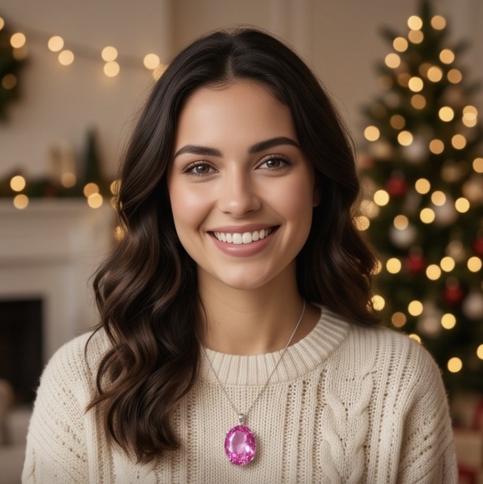 Incredible oval cut 26.8 carat Bubblegum Pink Sapphire .925 Sterling Silver handcrafted pendant - Pink sapphire pendant worn by smiling person in festive setting.