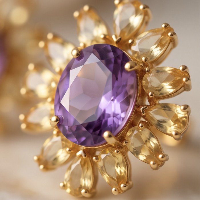 Cascades OF LIGHT Genuine 15.2 carat Fire Moonstone 18k Gold over .925 Silver handcrafted earrings - Close-up of Cascades OF LIGHT ring with amethyst and citrine stones.