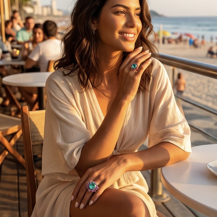 15.9 carat authentic Lime green Tourmaline 14K Gold over .925 Sterling Silver Handcrafted Statement Ring size 7 3/4 - Woman wearing a lime green tourmaline ring on a beachside terrace.