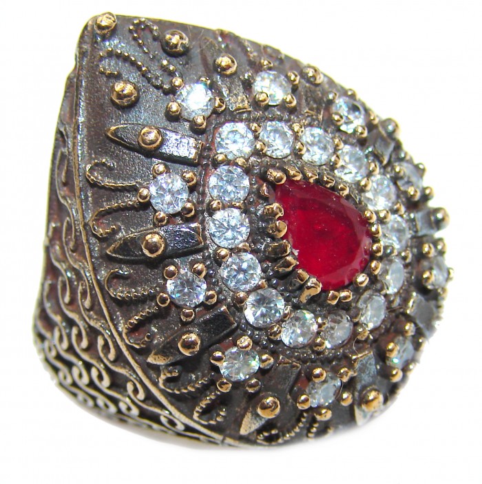 Large Victorian Style created Ruby & White Topaz Sterling Silver ring; s. 7 - photo 1