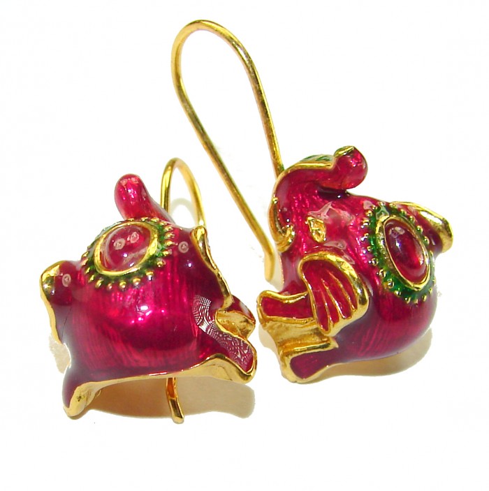 Very Unique Elephants Ruby Enamel 18K Gold over .925 Sterling Silver handcrafted earrings - photo 3