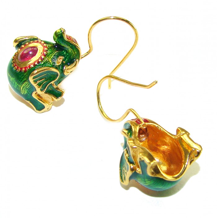 Very Unique Elephants Ruby Enamel 18K Gold over .925 Sterling Silver handcrafted earrings - photo 1