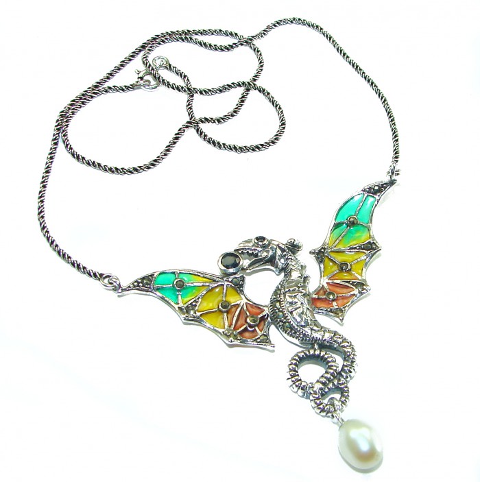 Awesome Flying Dragon Natural Enamel .925 Silver handcrafted Necklace - photo 3