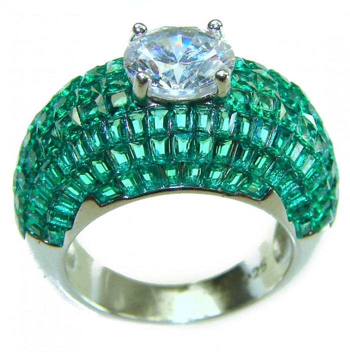 Endlessly Enchanting - White Topaz & Authentic Emerald .925 Sterling Silver handmade Statement Ring size 7 - Side view of ring with white topaz and emerald stones on silver band