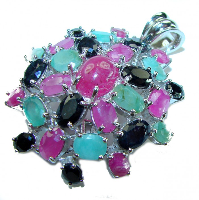 Penelope Red Ruby Emerald Sapphire 19.5 carat .925 Sterling Silver handmade Pendant - Top view of Penelope Red Ruby Emerald Sapphire pendant