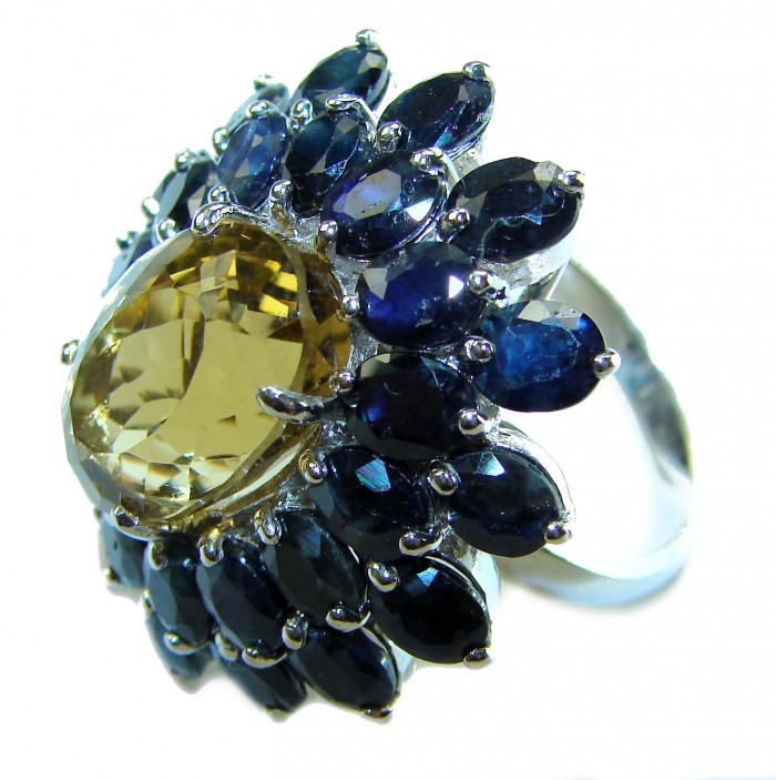 Golden Royalty 22.5 carat Citrine Sapphire .925 Sterling Silver Handcrafted Huge Ring size 8 - Golden citrine and sapphire ring, side view, sterling silver setting.