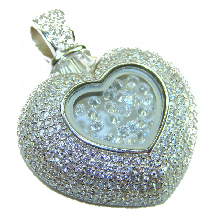 Precious Heart - Floating Memories 4.5 carat White Sapphire .925 Sterling Silver Handcrafted Statement pendant - Heart-shaped pendant with white sapphires, close-up angle.