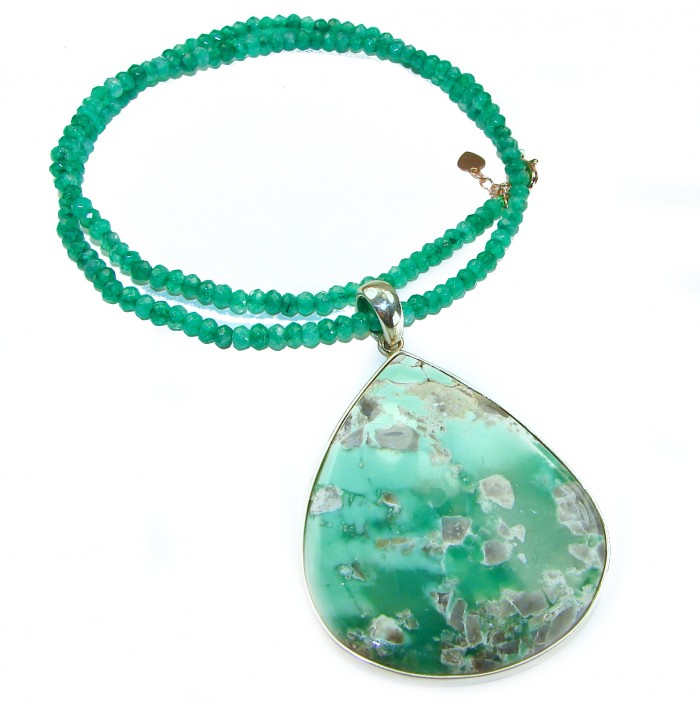 Green Odyssey Natural Huge Chrysoprase .925 Sterling Silver handmade necklace - Chrysoprase pendant necklace, top view, green beads, sterling silver setting.