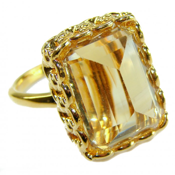 18.8 carat Genuine Lemon Quartz 14K Gold over .925 Sterling Silver handcrafted ring size 9 1/4 - Close-up of 18.8 carat lemon quartz ring in 14K gold over sterling silver.