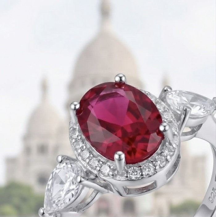 Tiffany 2.5 carat Ruby .925 Sterling Silver handcrafted incredible ring s. 8 - Close-up of ruby ring with diamond accents, sterling silver setting.