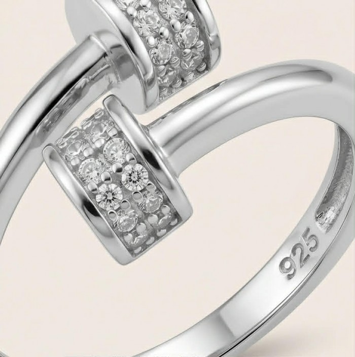 Luxurious pave 1.5 carat White Topaz .925 Sterling Silver Solid Infinity ring size 7 - Close-up of luxurious pave ring with white topaz and .925 sterling silver.