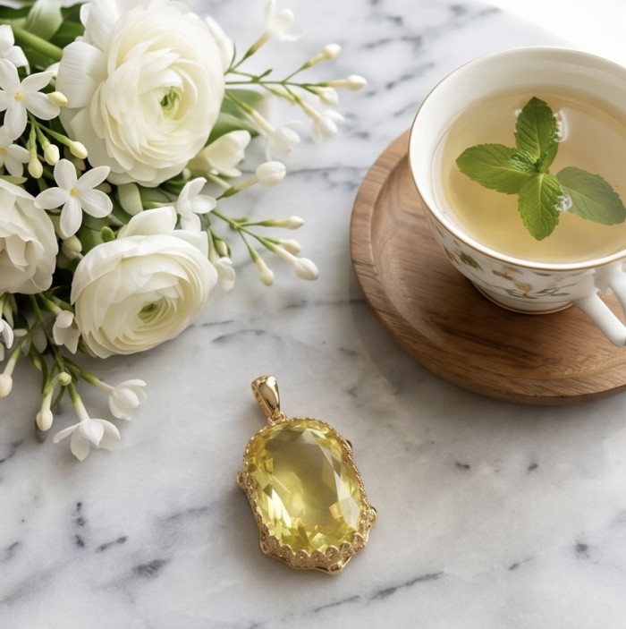 Baquette cut 10.3 carat Lemon Quartz 18K Gold over .925 Sterling Silver handcrafted pendant - Lemon Quartz pendant on marble with flowers and tea, top view.