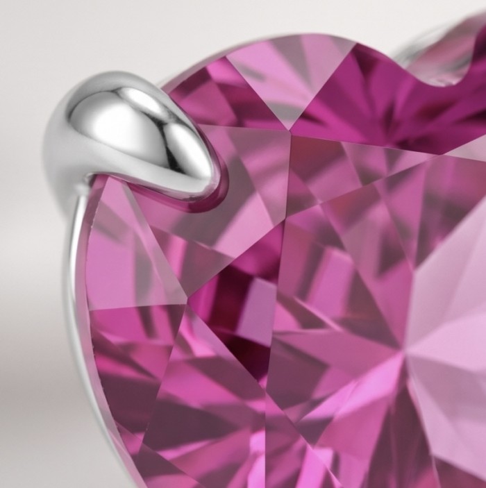 Exceptional- Pink Hearts - 35.7 carat Pink Sapphire .925 Sterling Silver dipped in rhodium luxuriously Handcrafted Statement earrings - Close-up of pink sapphire set in .925 sterling silver.